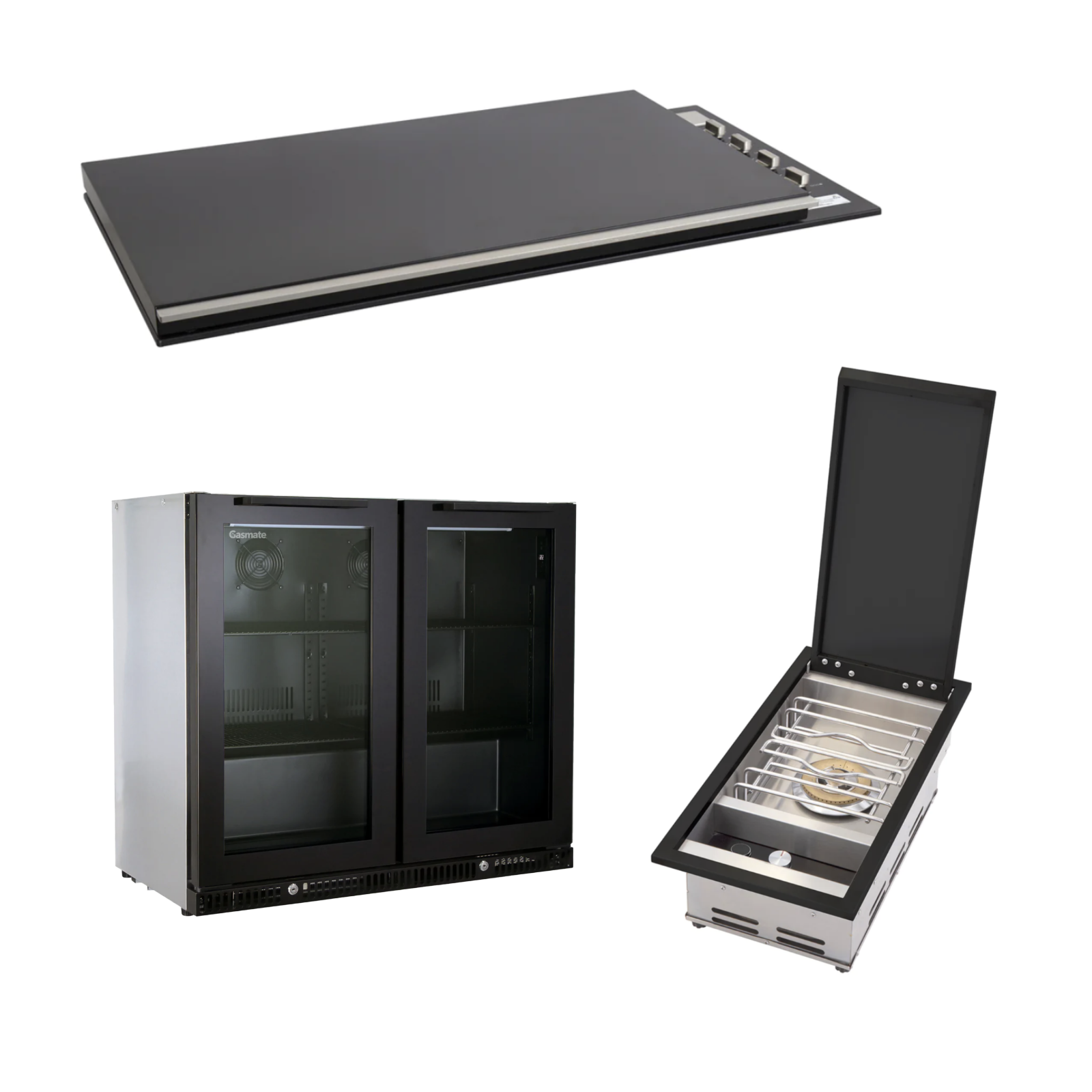 Bundle Artusi Matte Black Flat Lid with Gasmate Phoenix Sideburner & Gasmate Premium 2 Door Bar Fridge (187L)