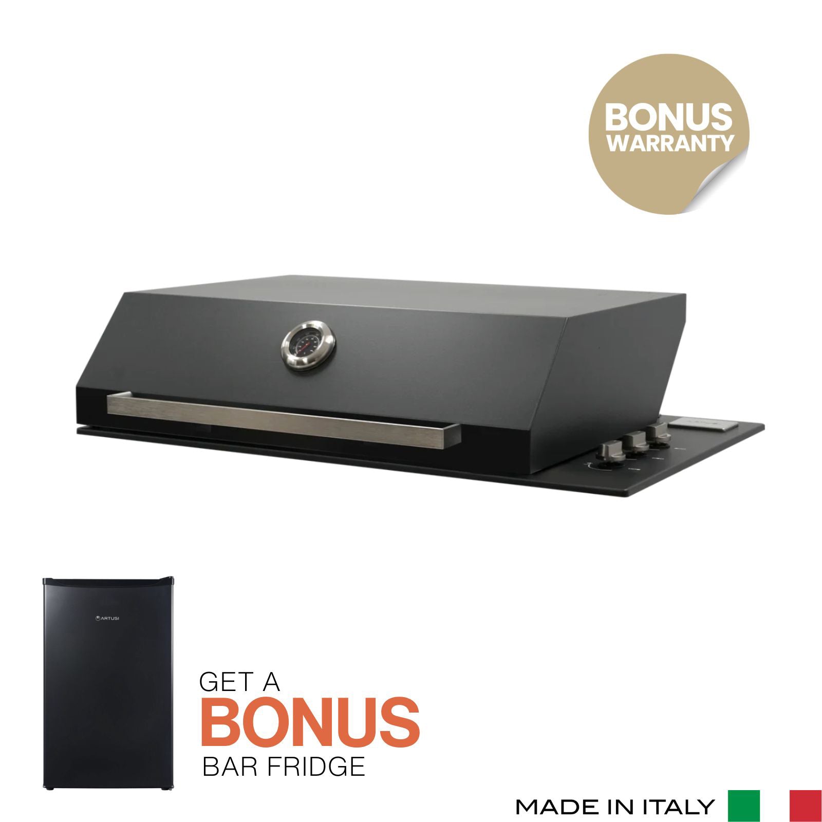 Artusi 80cm 3-Burner Matte Black Built-In BBQ with Hood