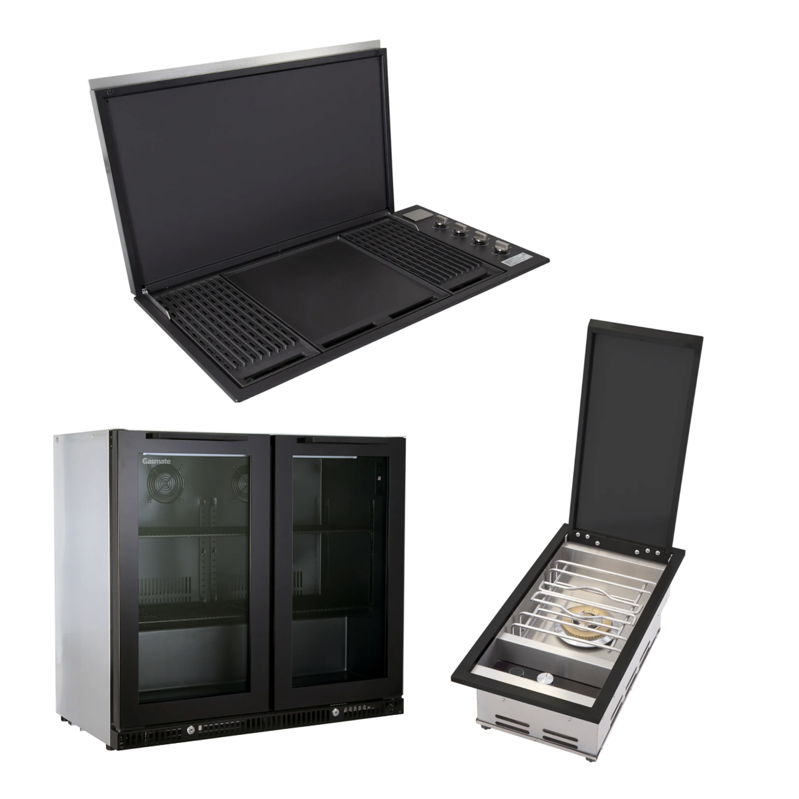 Bundle Artusi Matte Black Flat Lid with Gasmate Phoenix Sideburner & Gasmate Premium 2 Door Bar Fridge (187L)