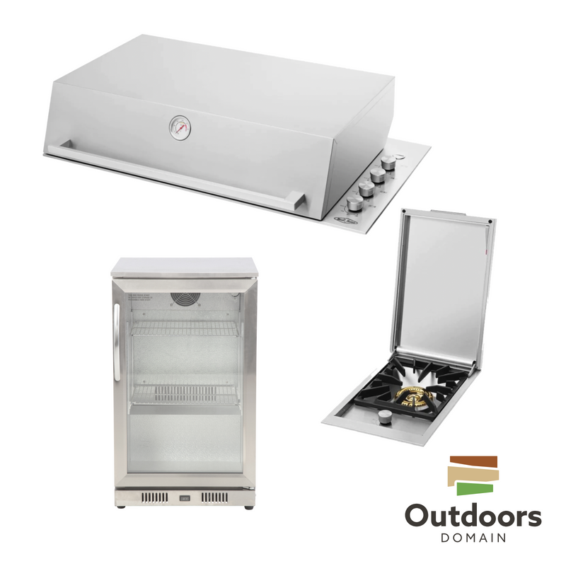 Bundle BeefEater Signature Proline BBQ with Hood & Quadburner & Gasmate 1 Door 118L Bar Fridge