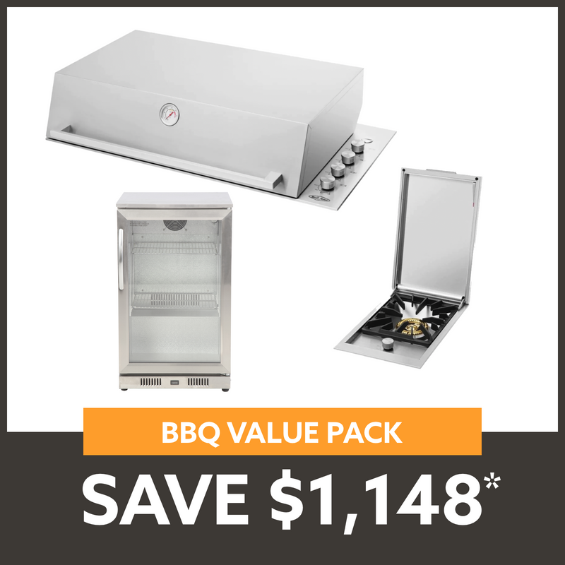 Bundle BeefEater Signature Proline BBQ with Hood & Quadburner & Gasmate 1 Door 118L Bar Fridge