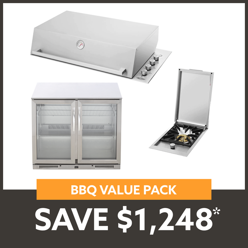 Bundle BeefEater Signature Proline BBQ with Hood & Quadburner & Gasmate 2 Door 228L Bar Fridge