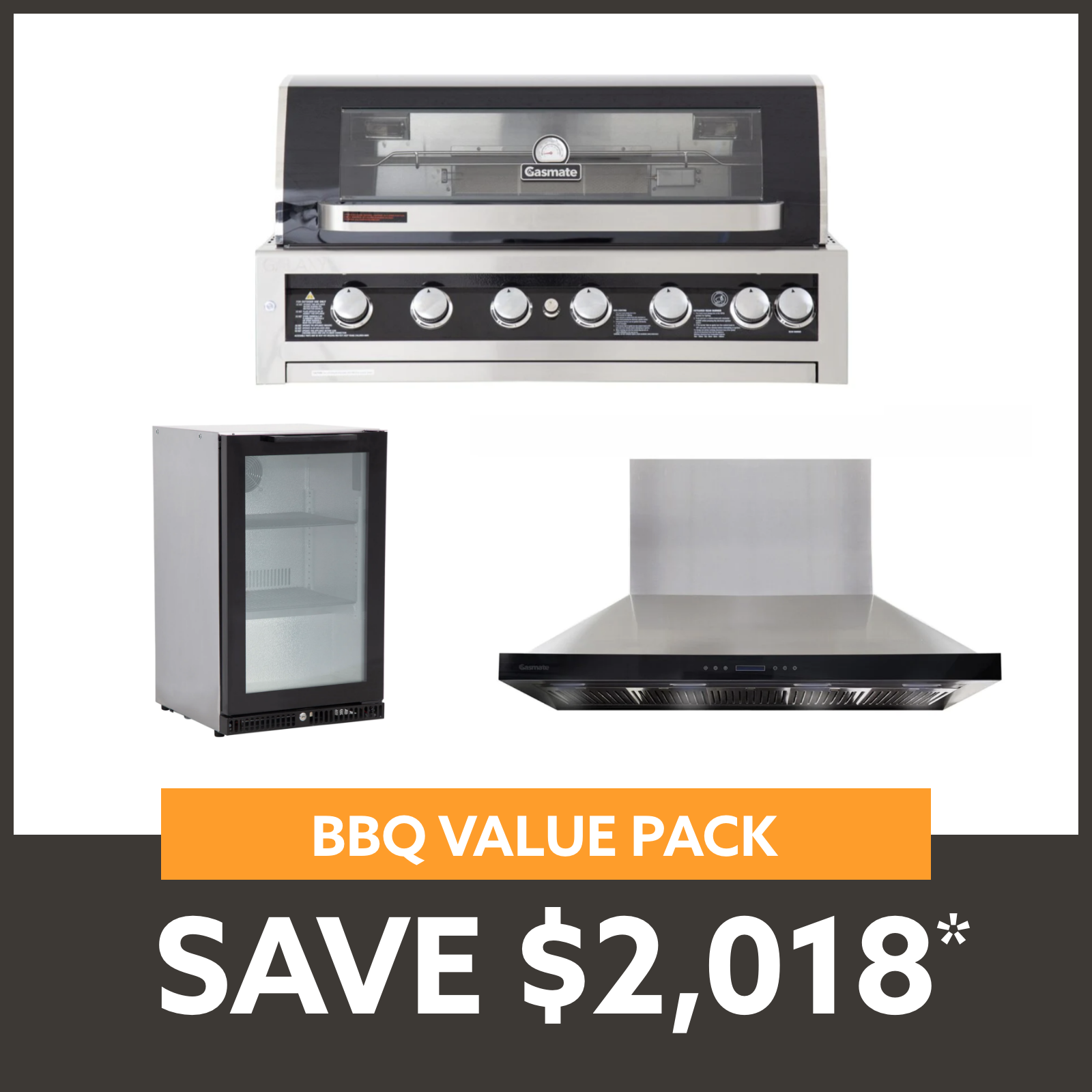 Bundle Gasmate Galaxy Black Classic 6 Burner Built-In BBQ & Deluxe BBQ 120 cm Rangehood & Premium 1 Door 97L Glass Door Bar Fridge