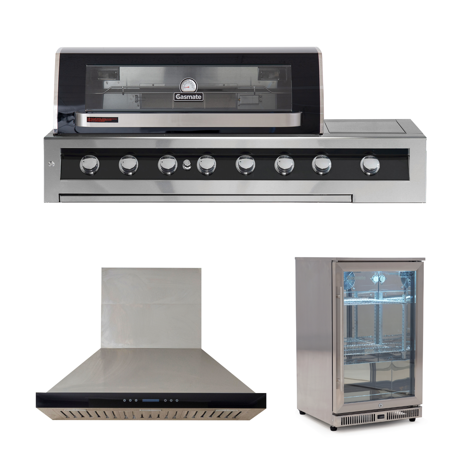 Bundle Gasmate Galaxy Black 6 Burner Built-In BBQ with Side Burner & Deluxe BBQ 150 cm Rangehood & Gasmate 1 Door 108L Stainless Steel  Bar Fridge