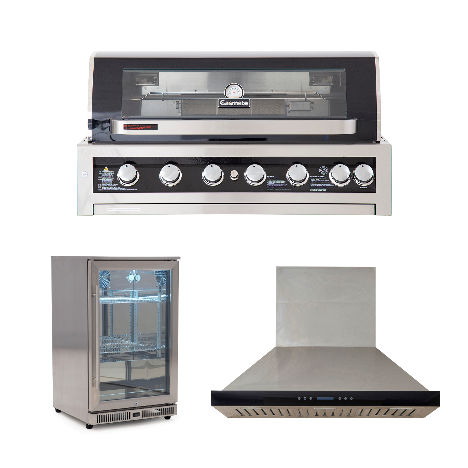 Bundle Gasmate Galaxy Black Classic 6 Burner Built-In BBQ & Deluxe BBQ 120 cm Rangehood &  Gasmate 1 Door 108L Stainless Steel  Bar Fridge