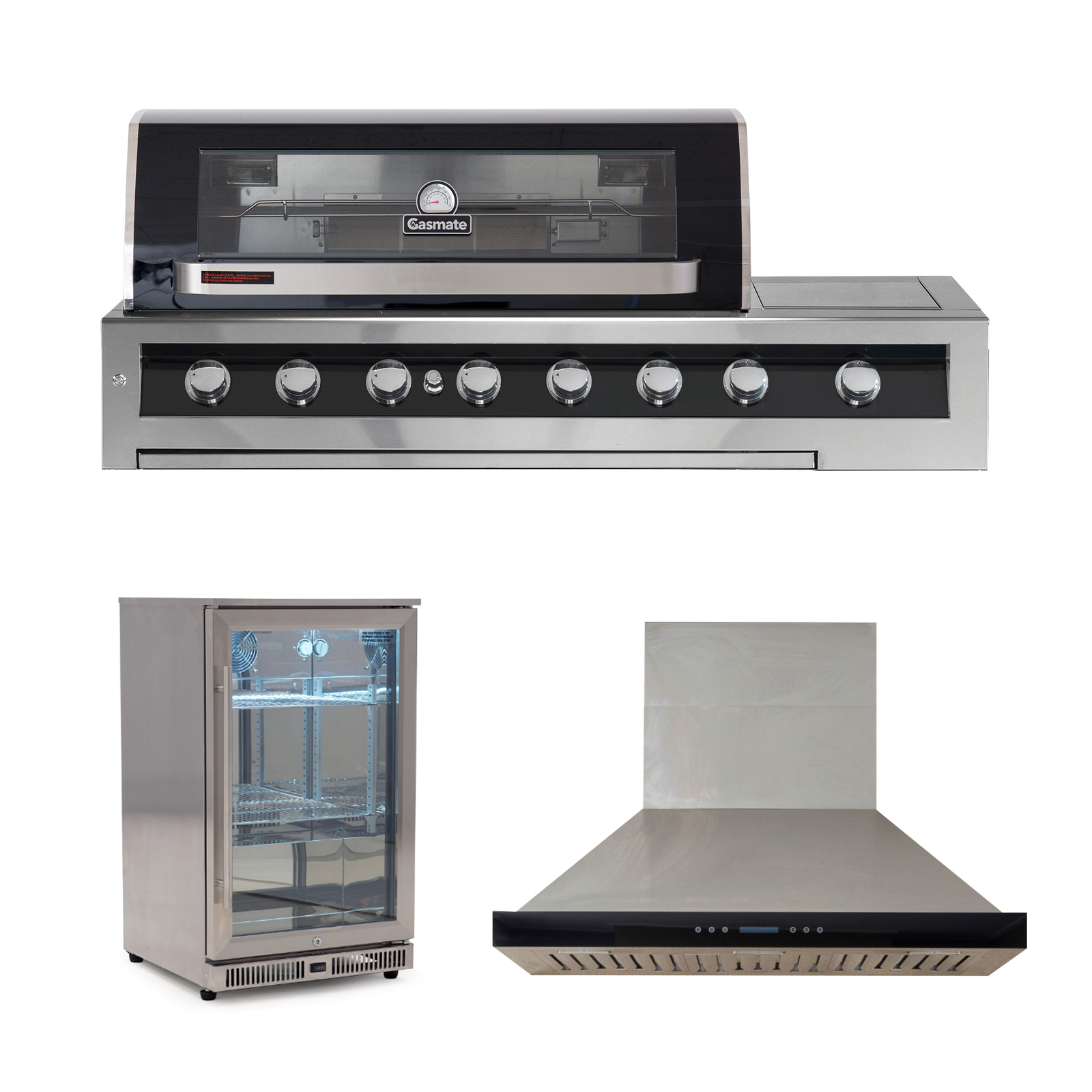 Bundle Gasmate Galaxy Black 6 Burner Built-In BBQ with Side Burner & Deluxe BBQ 150 cm Rangehood & Gasmate 1 Door 108L Stainless Steel  Bar Fridge