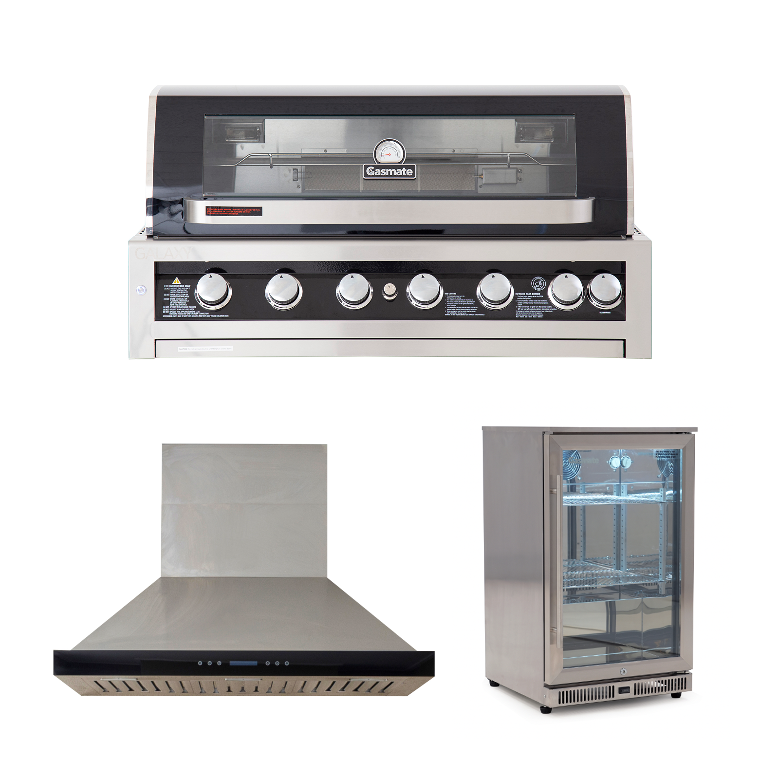 Bundle Gasmate Galaxy Black Classic 6 Burner Built-In BBQ & Deluxe BBQ 120 cm Rangehood &  Gasmate 1 Door 108L Stainless Steel  Bar Fridge