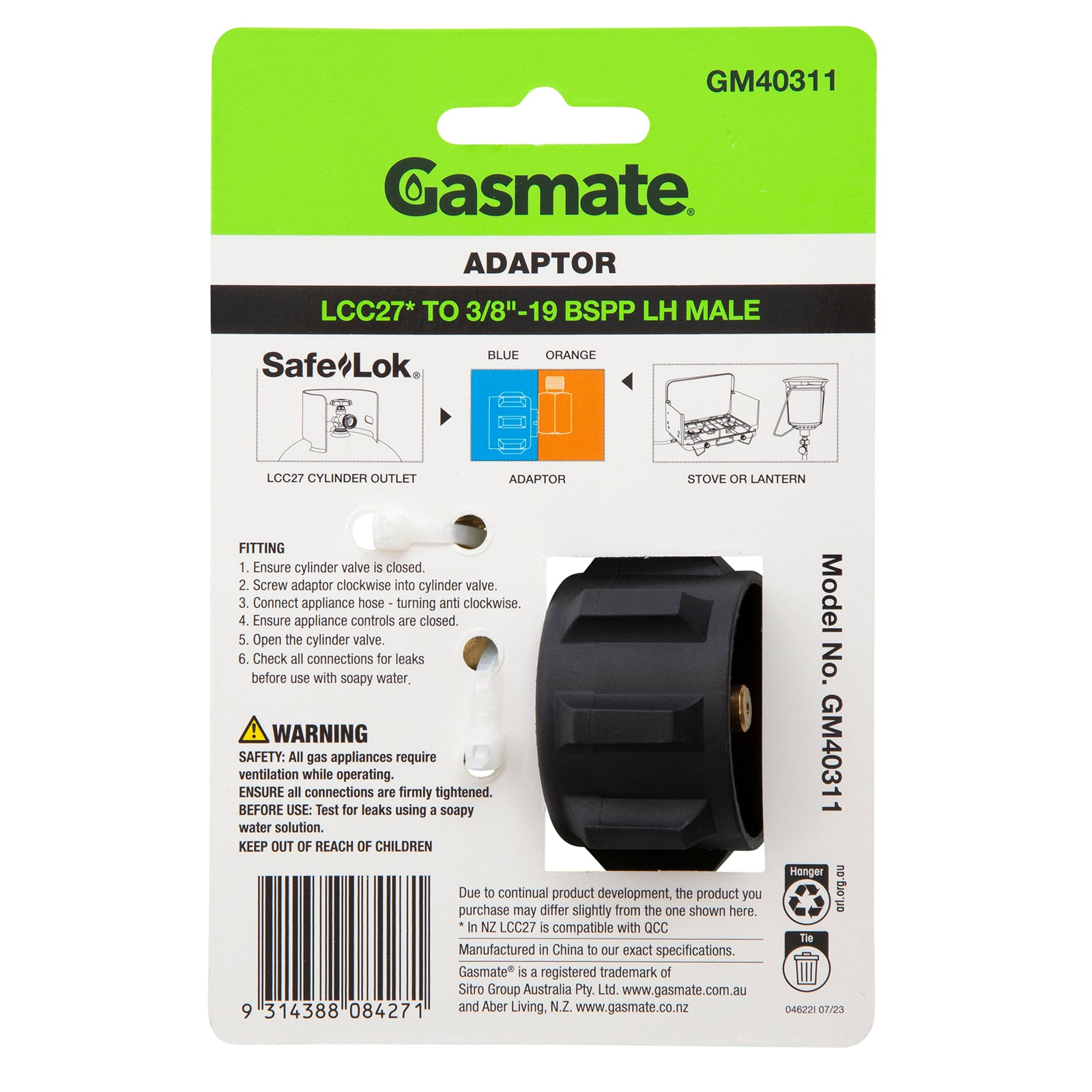 Gasmate Gas Fitting - LCC27 To 3/8" BSPP LH