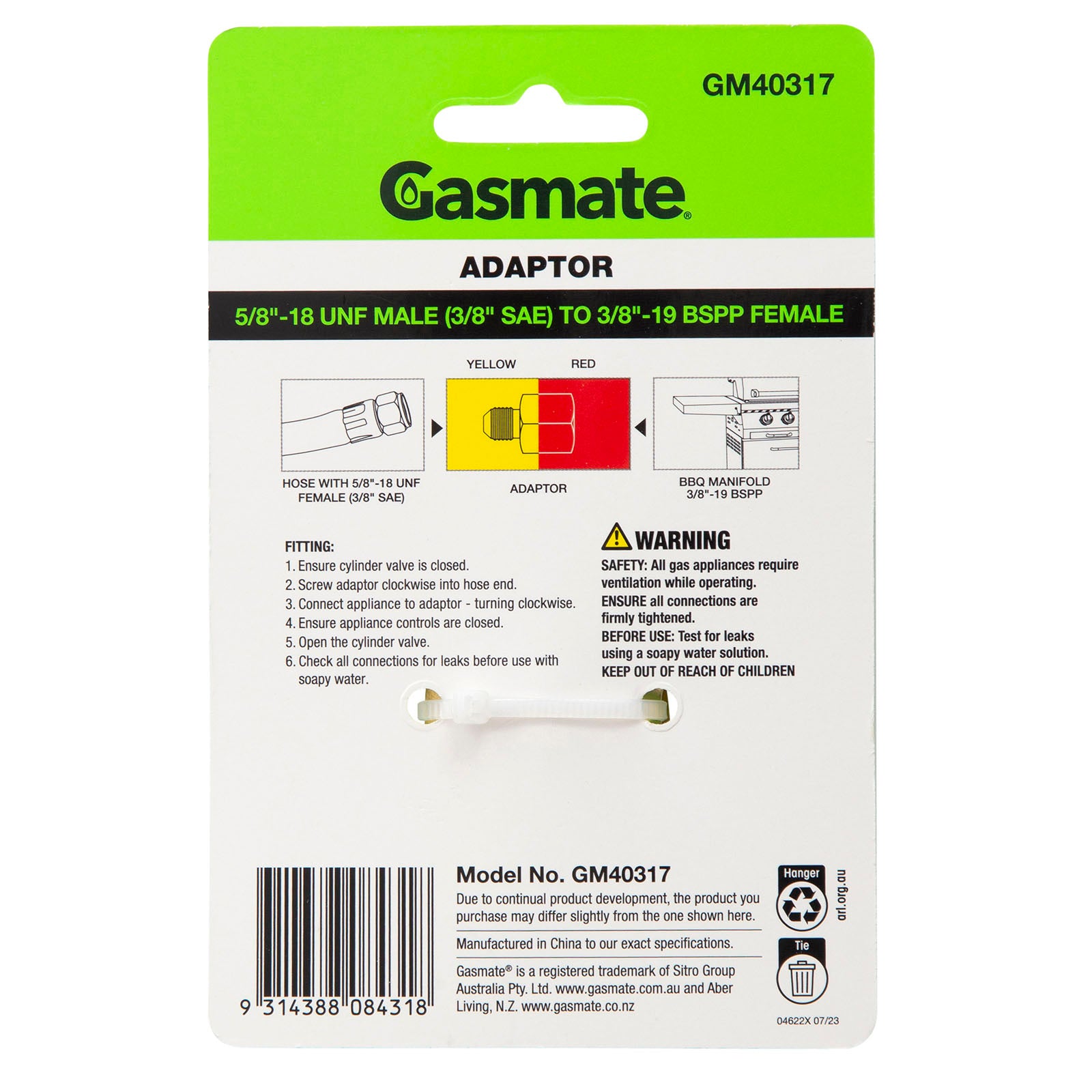 Gasmate Fitting - 5/8" UNF (3/8" SAE) to 3/8" BSPP