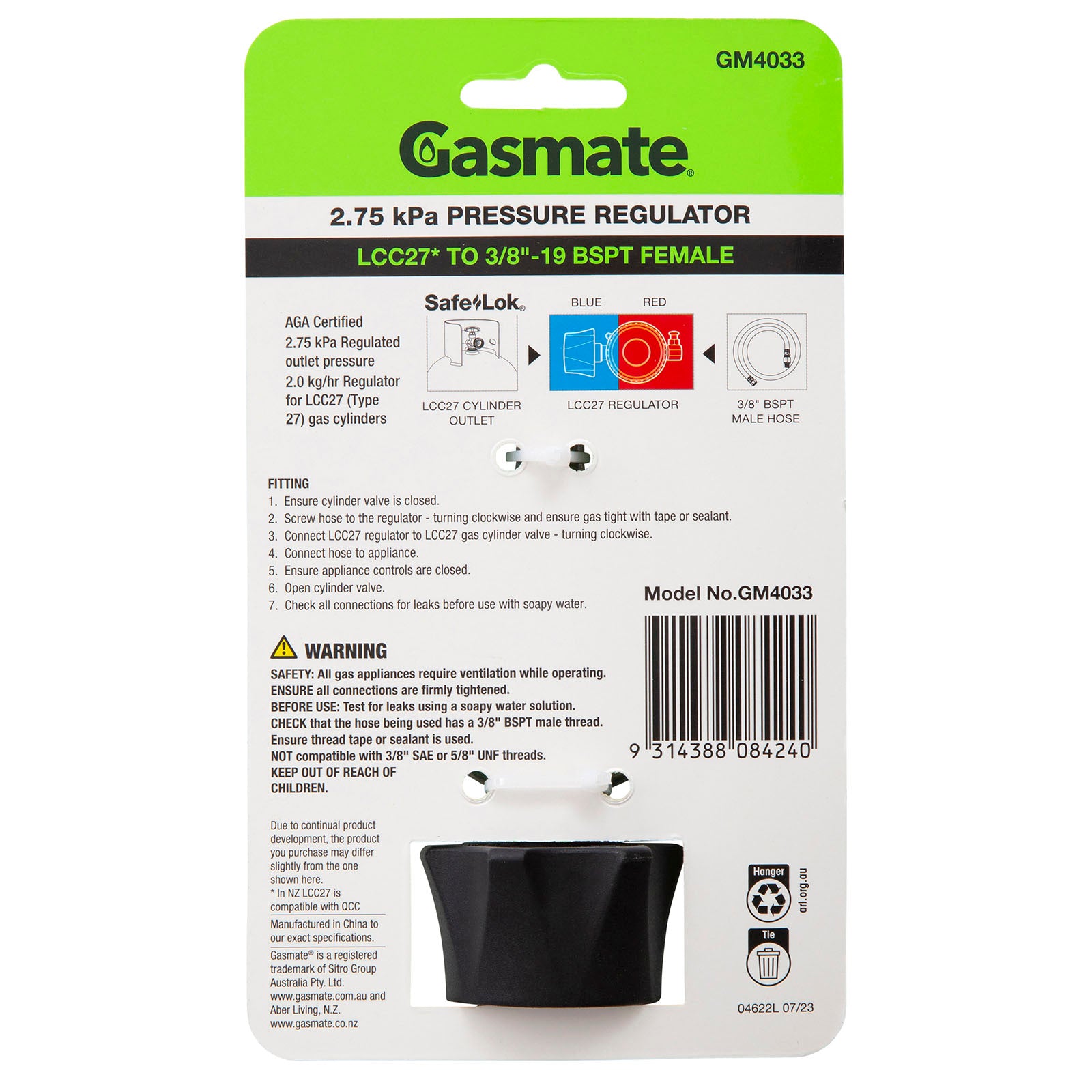 Gasmate 2.75 kPa PRESSURE REGULATOR - LCC27 TO 3/8" BSPT