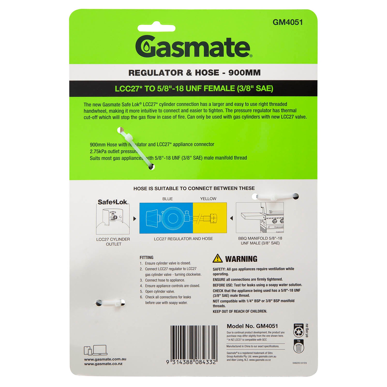 Gasmate Regulator & Hose - 900mm - LCC27 to 5/8" UNF (3/8" SAE)