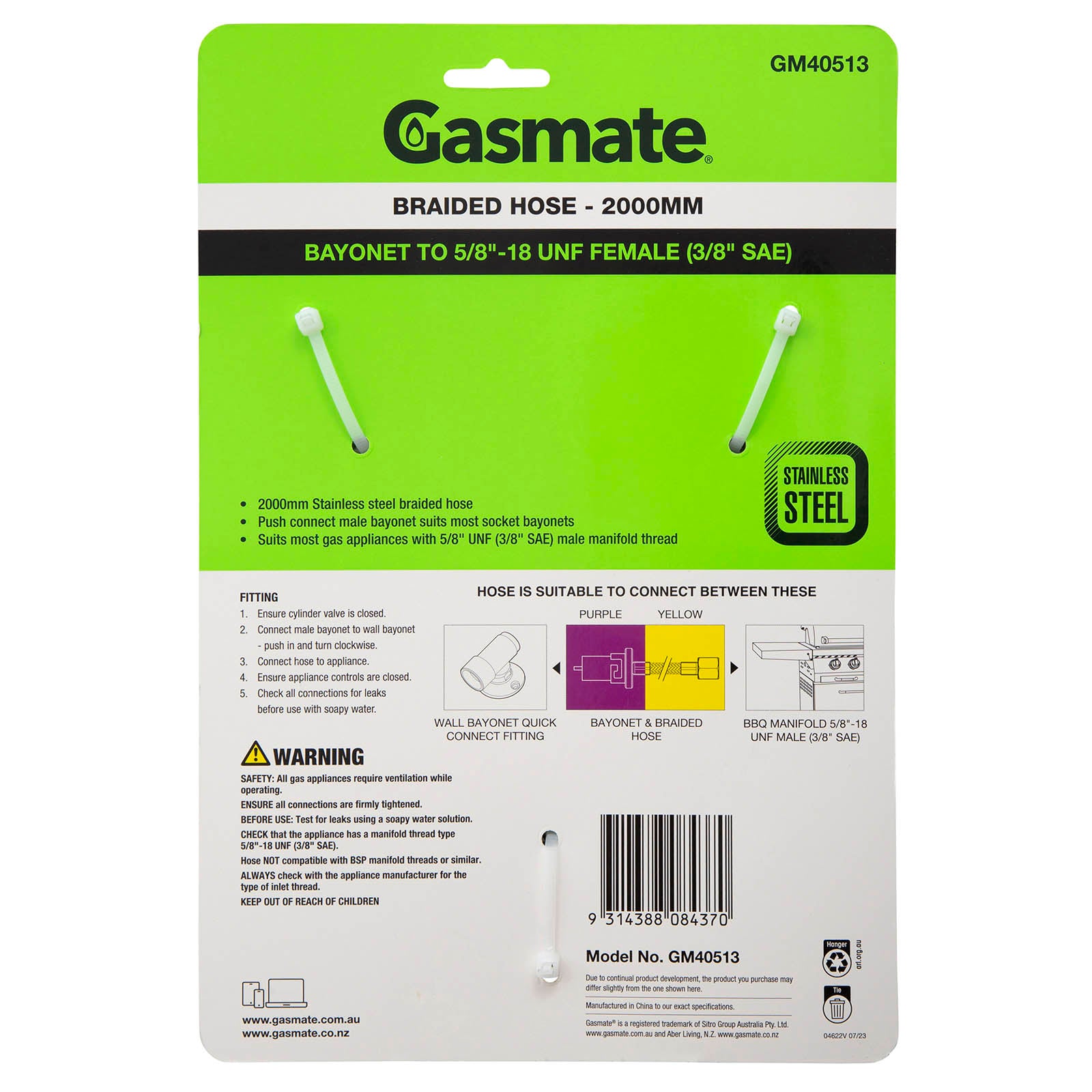 Gasmate Braided Hose - 2000mm - Bayonet To 5/8" UNF (3/8"SAE)