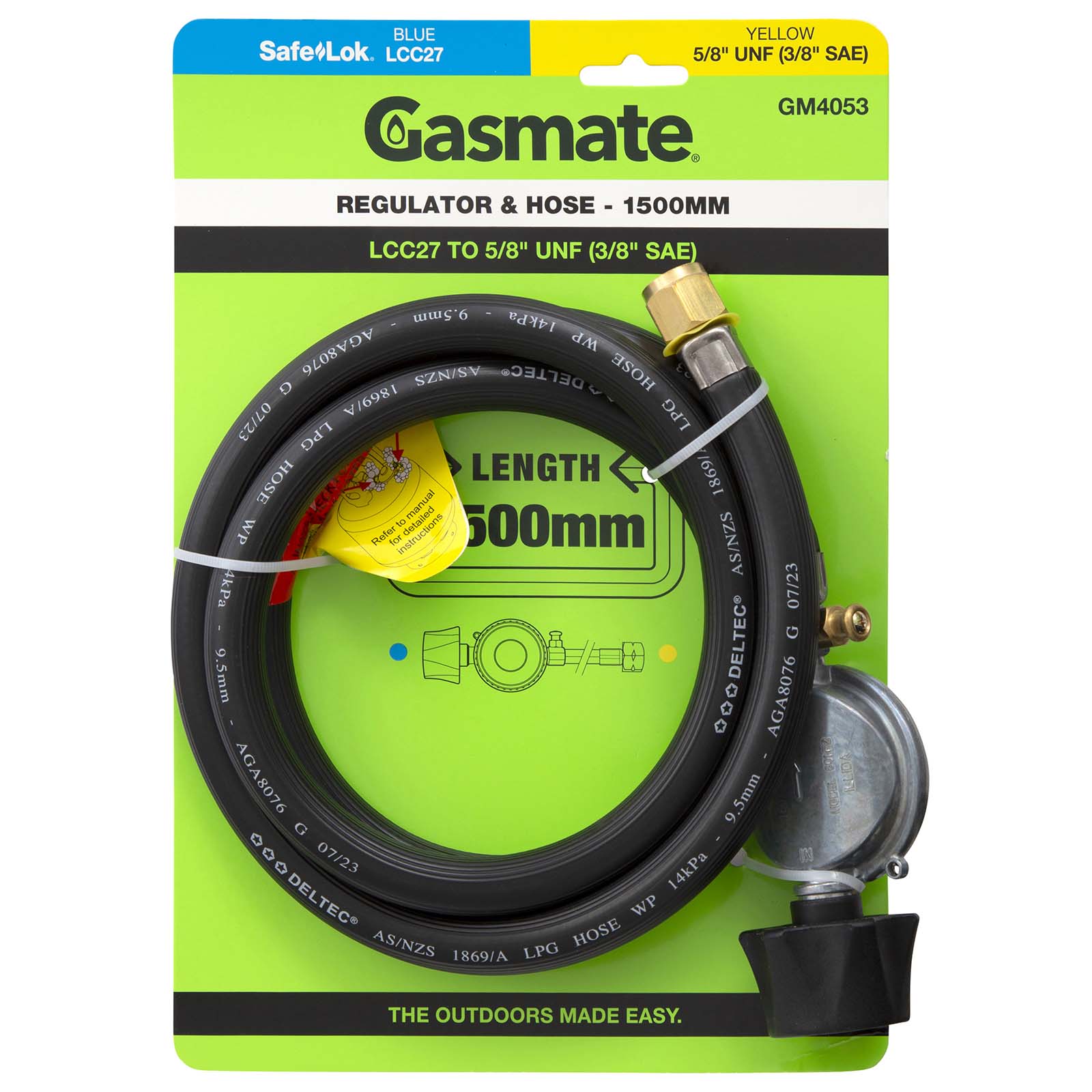 Gasmate Regulator & Hose - 1500mm - LCC27 to 5/8" UNF (3/8" SAE)