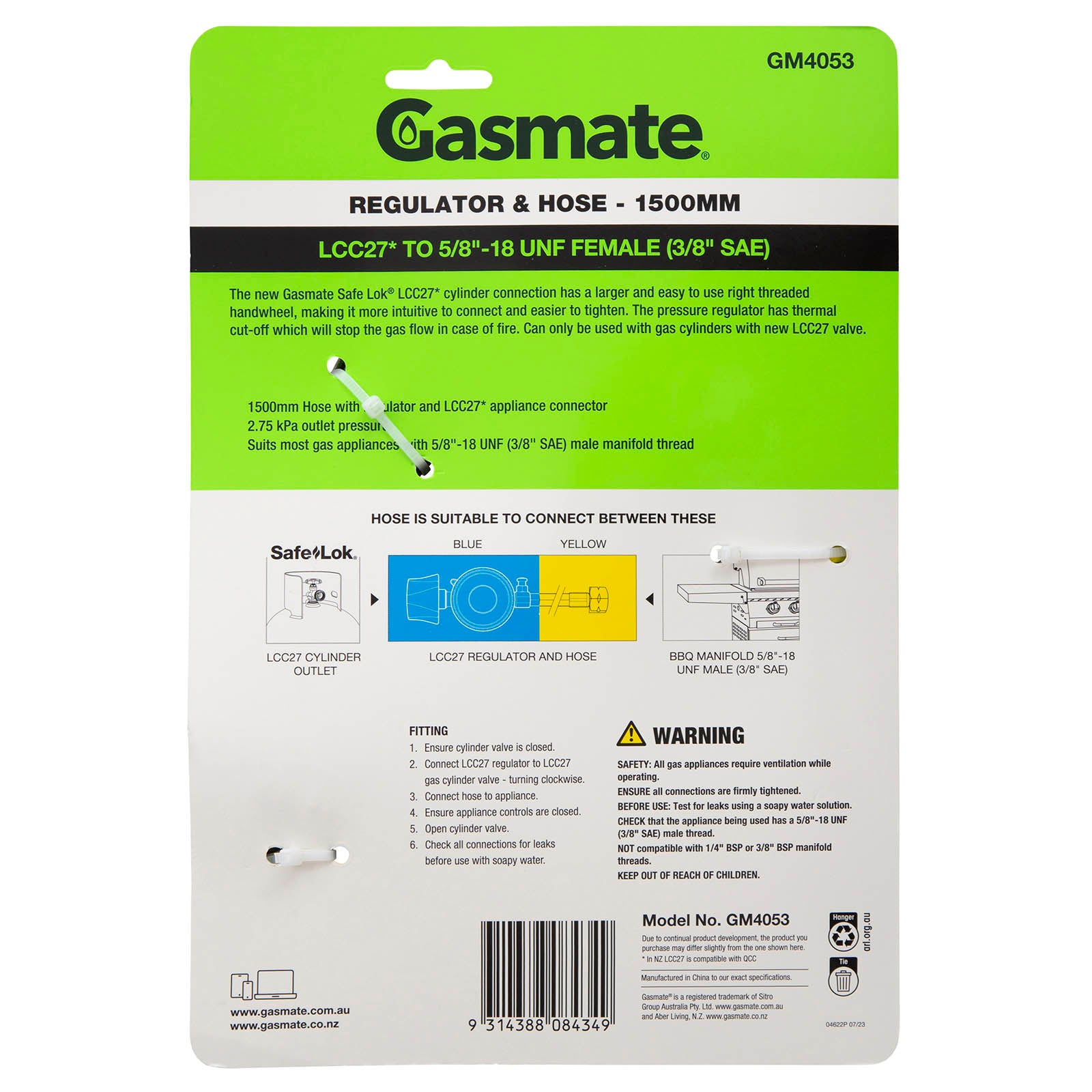 Gasmate Regulator & Hose - 1500mm - LCC27 to 5/8" UNF (3/8" SAE)