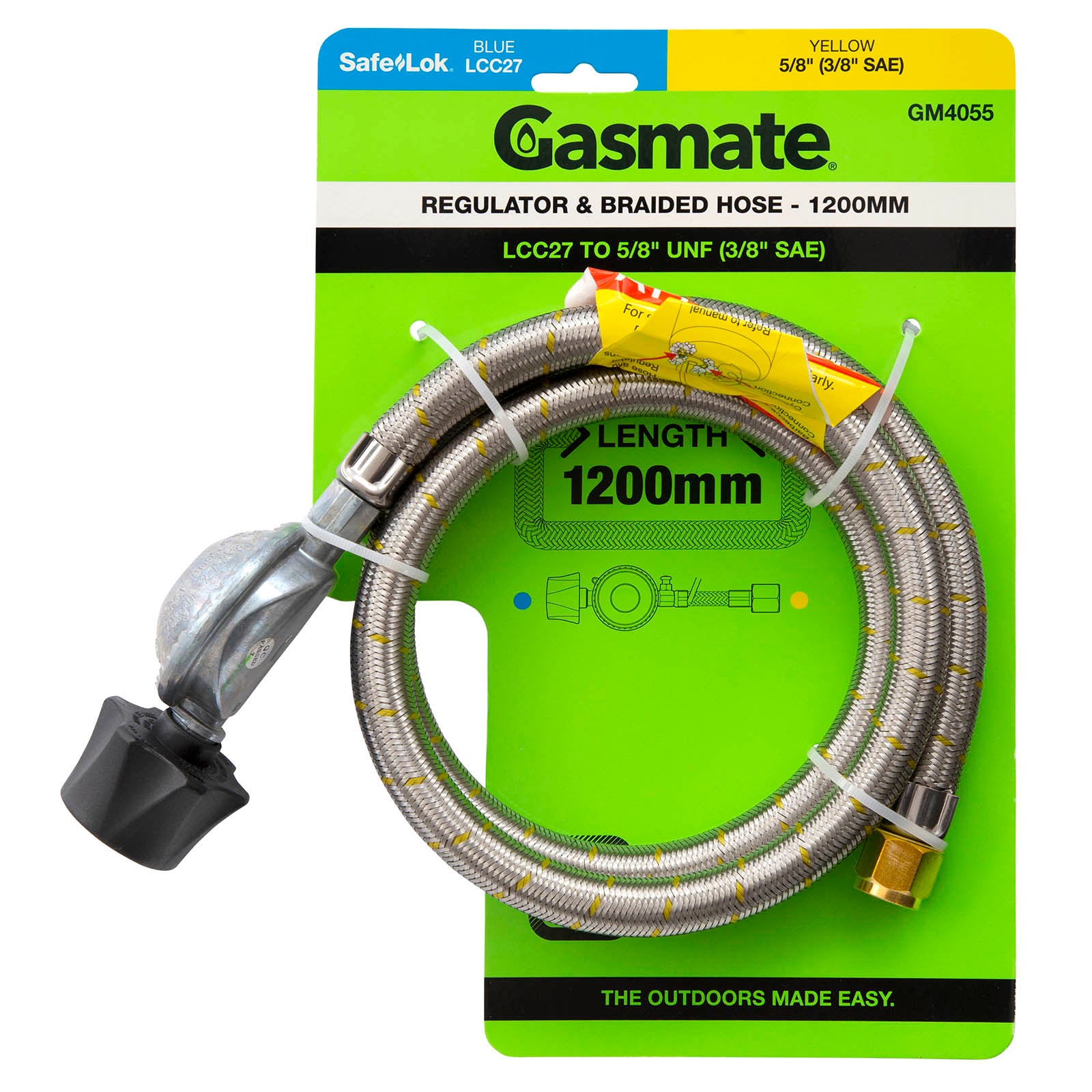 Gasmate Regulator & Braided Hose - 1200mm - LCC27 to 5/8" UNF (3/8"SAE)