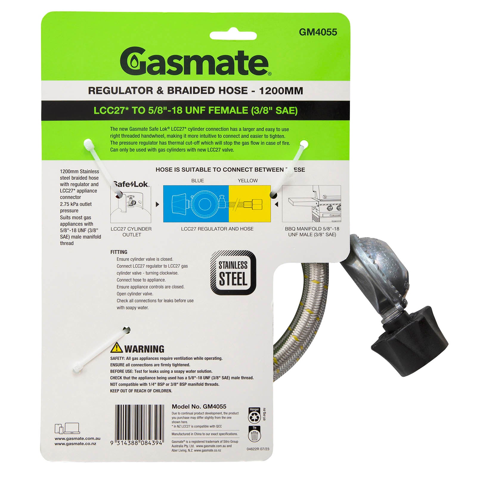 Gasmate Regulator & Braided Hose - 1200mm - LCC27 to 5/8" UNF (3/8"SAE)