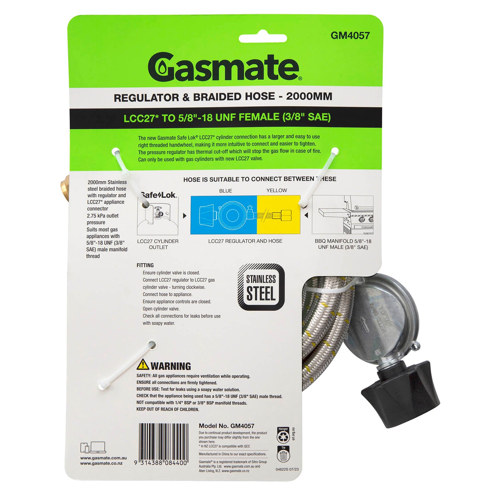 Gasmate Regulator & Braided Hose - 2000mm - LCC27 to 5/8"UNF (3/8" SAE)