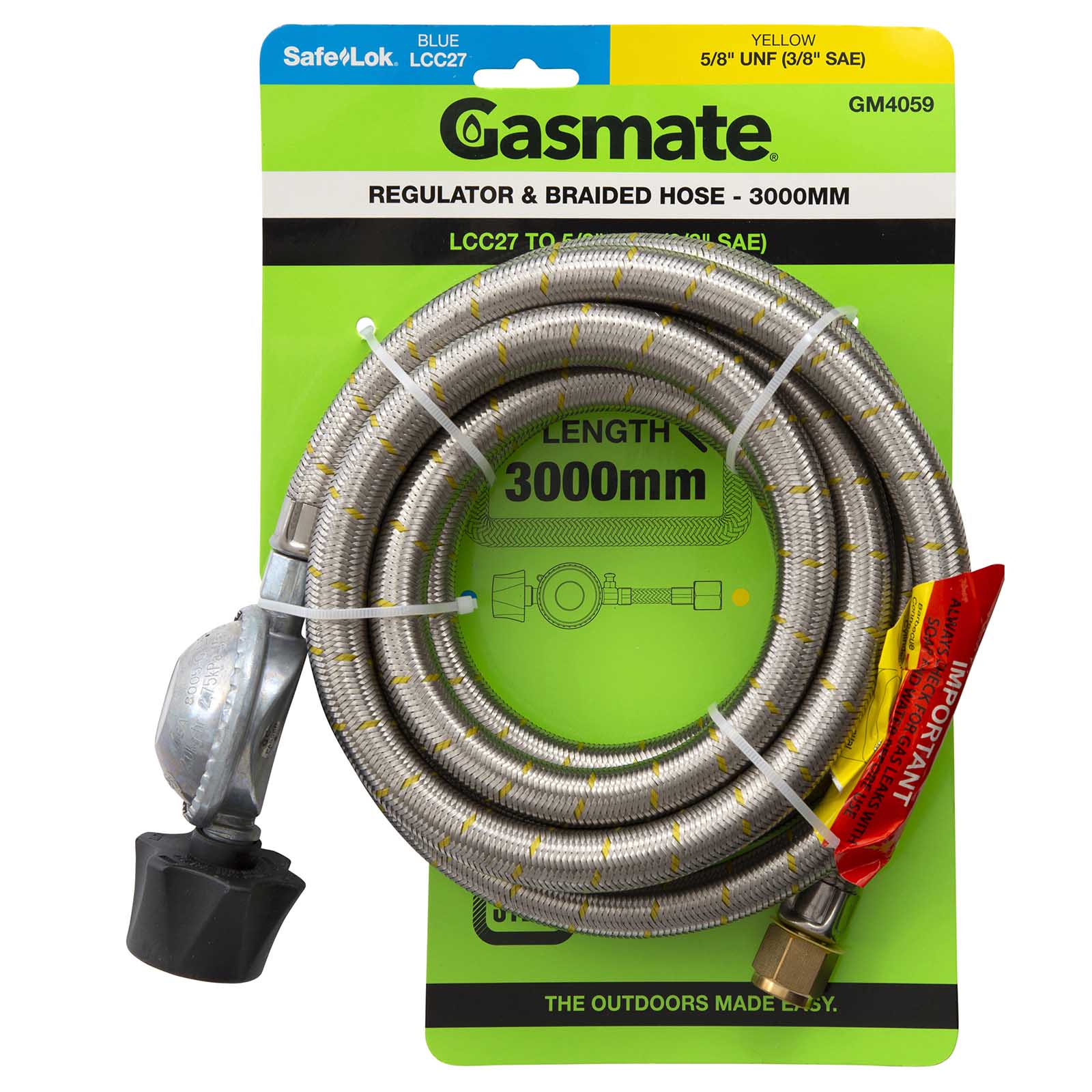 Gasmate Regulator & Braided Hose - 3000mm - LCC27 to 5/8" UNF (3/8" SAE)