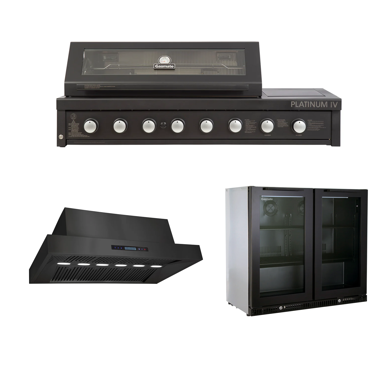 Bundle Gasmate Platinum IV BBQ & Premium 2 Door Bar Fridge & Excelsior 1480 Rangehood