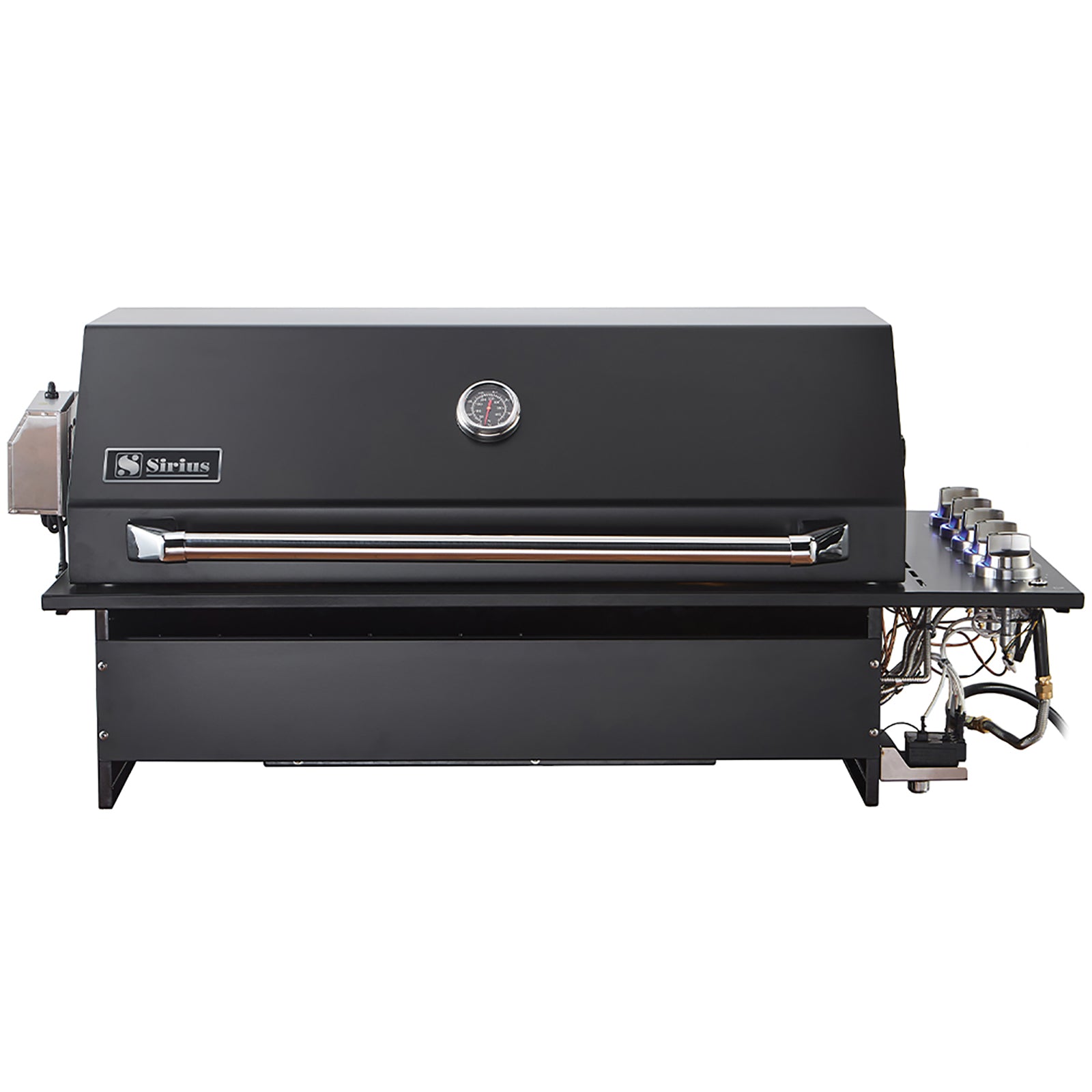 Bundle Sirius Drop-In Black BBQ with 1200mm Rangehood and Husky 1-Door 118L Black Glass Door Alfresco Bar Fridge