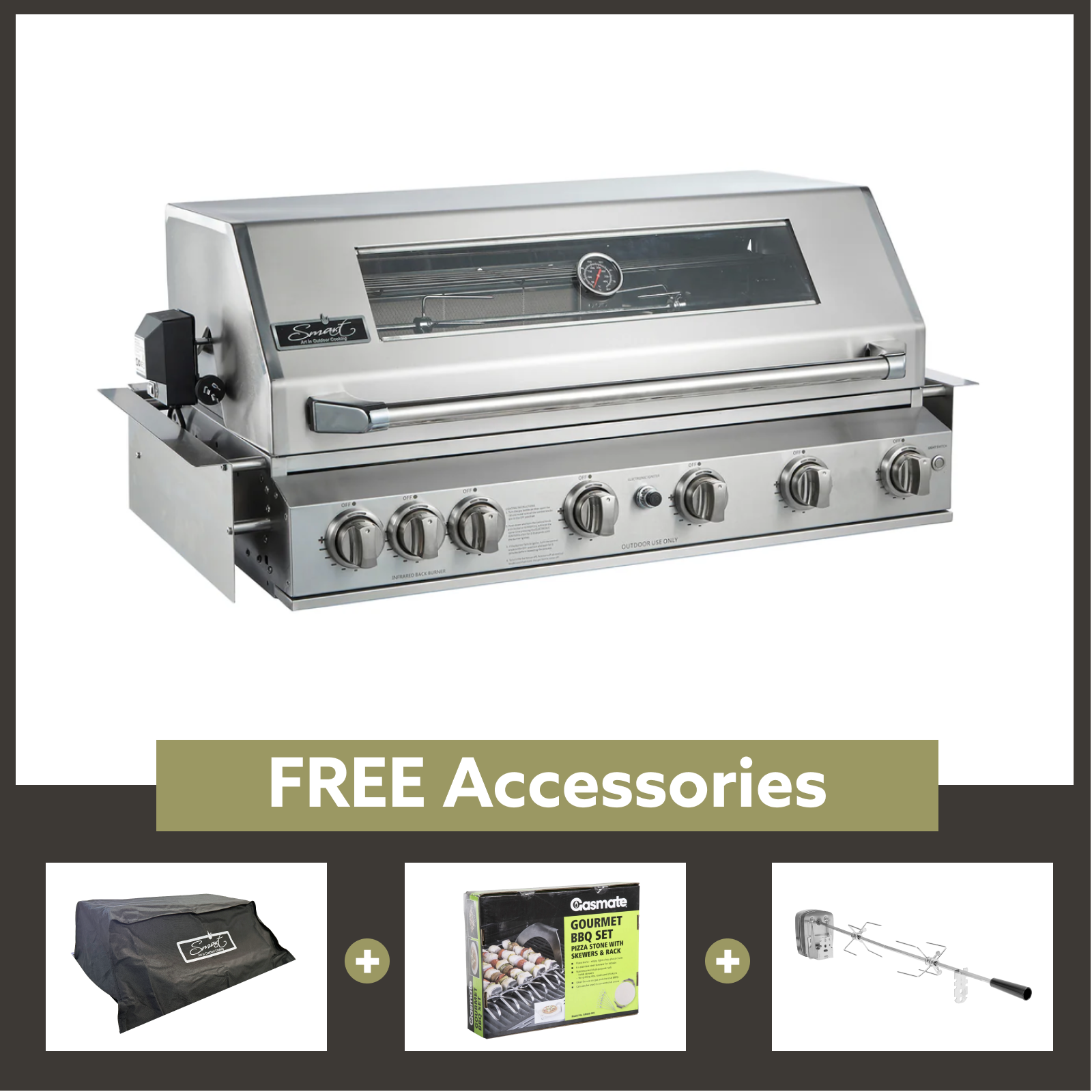 Smart 6 Burner Built-In Gas BBQ With Rotisserie & Rear Infrared Burner In Stainless Steel