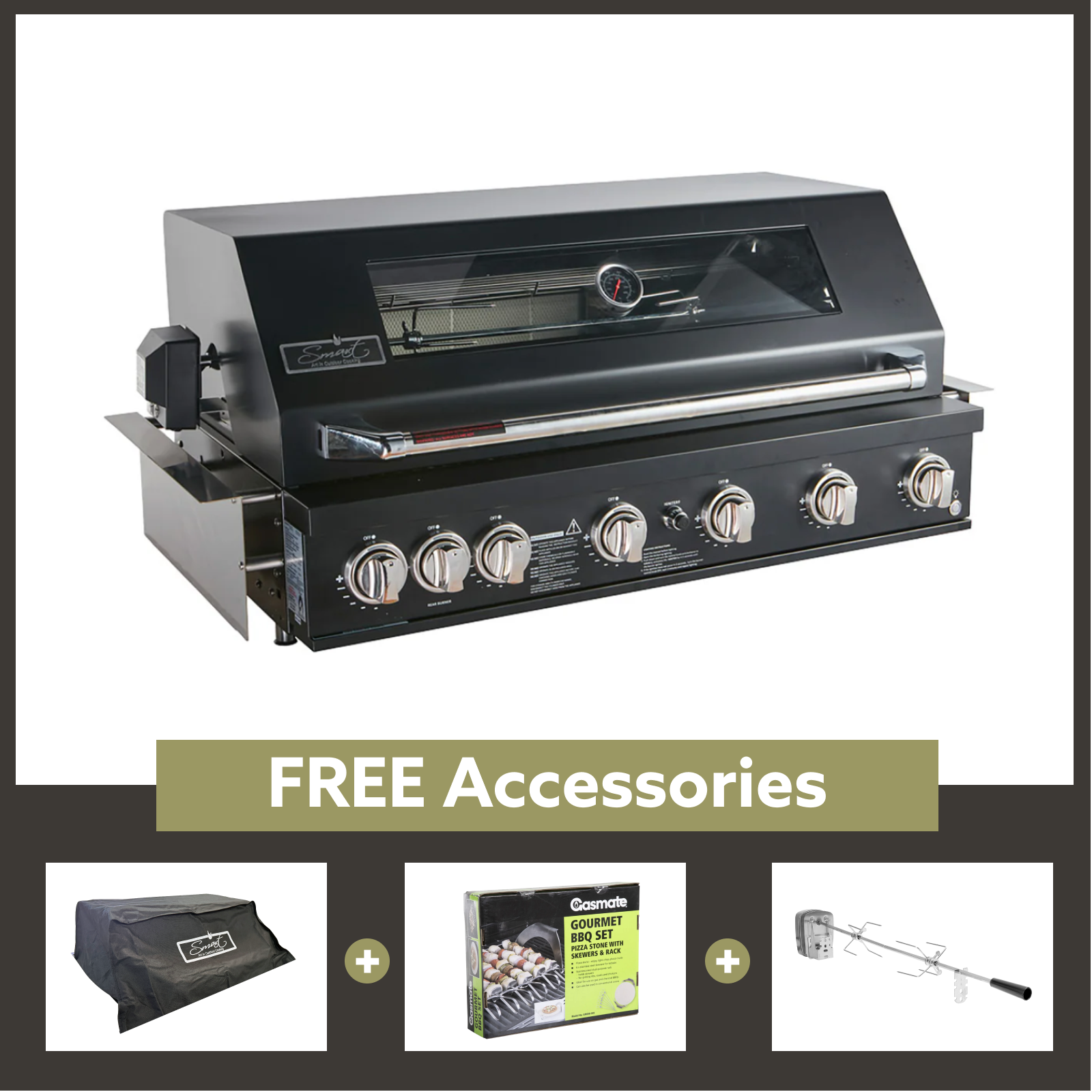 Smart 6 Burner Built-In Gas BBQ With Rotisserie & Rear Infrared Burner In Black