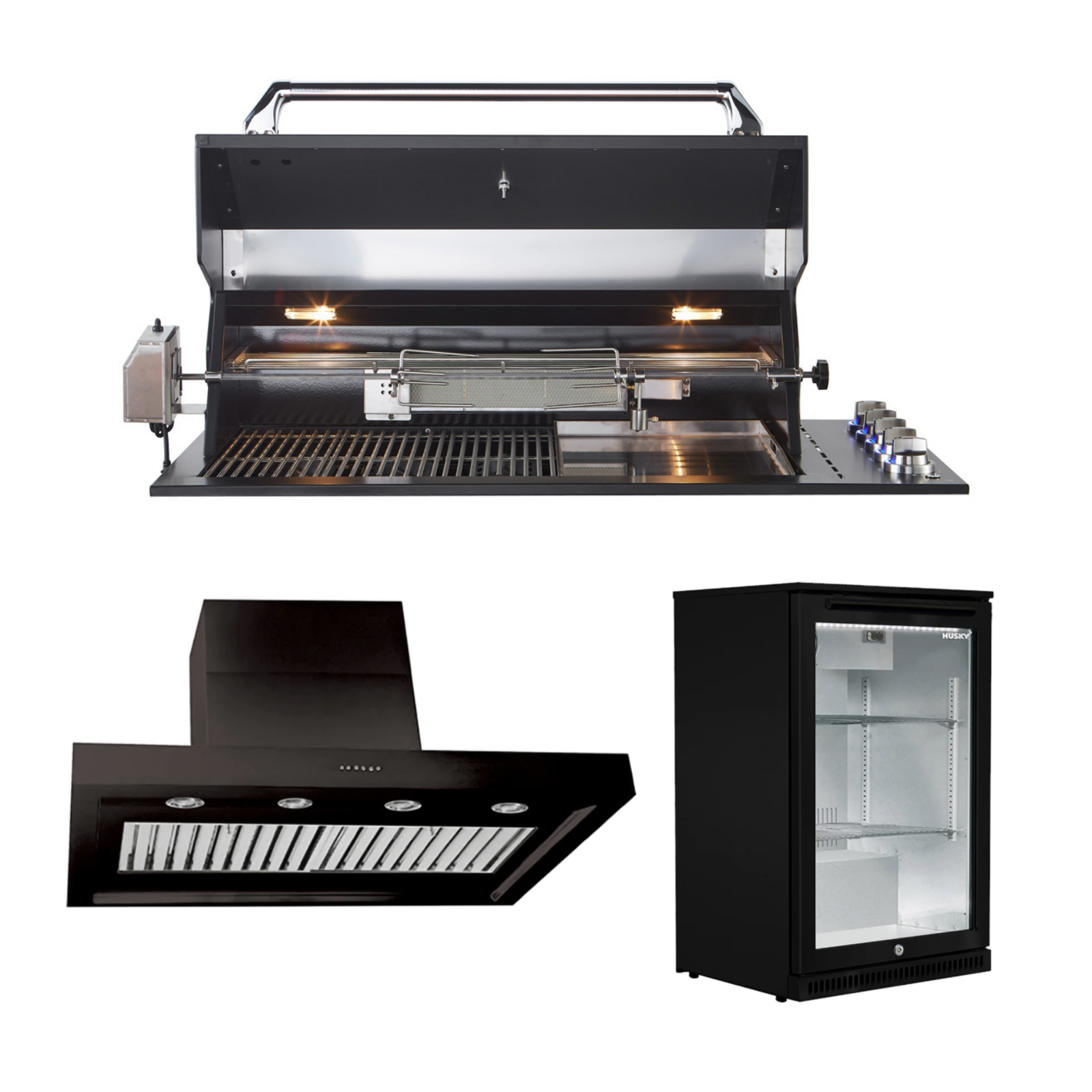 Bundle Sirius Drop-In Black BBQ with 1200mm Rangehood and Husky 1-Door 118L Black Glass Door Alfresco Bar Fridge