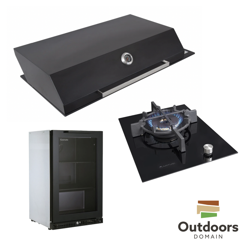 Bundle Artusi Matte Black Hood & Drop in Wok Burner with Gasmate Premium 1 Door Bar Fridge (97L)