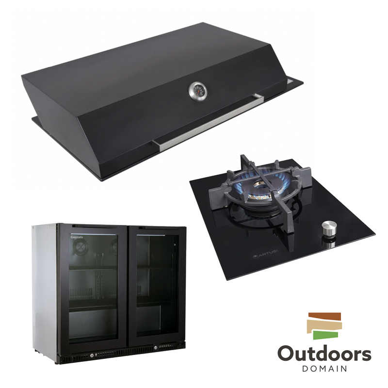 Bundle Artusi Matte Black Hood & Drop in Wok Burner with Gasmate Premium 2 Door Bar Fridge (187L)
