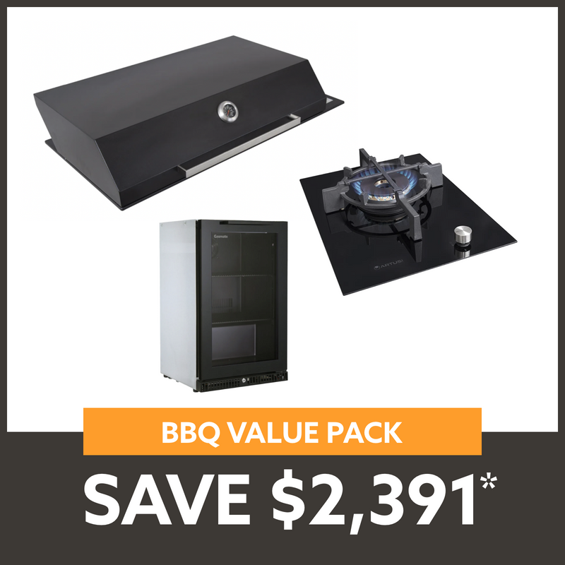 Bundle Artusi Matte Black Hood & Drop in Wok Burner with Gasmate Premium 1 Door Bar Fridge (97L)