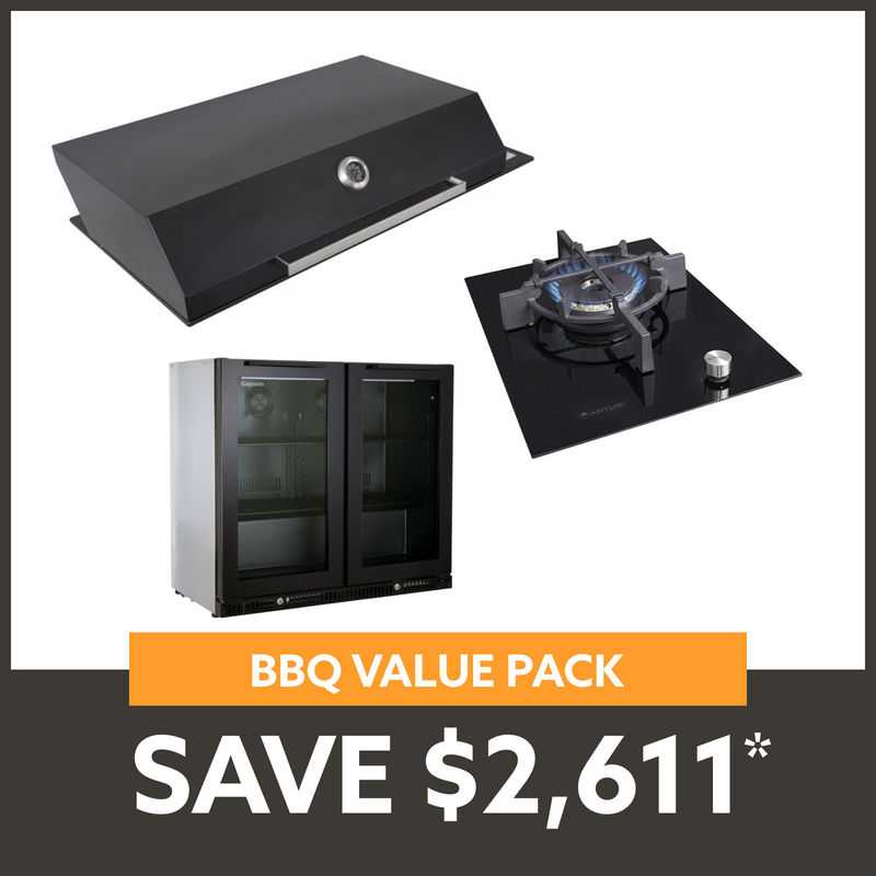 Bundle Artusi Matte Black Hood & Drop in Wok Burner with Gasmate Premium 2 Door Bar Fridge (187L)