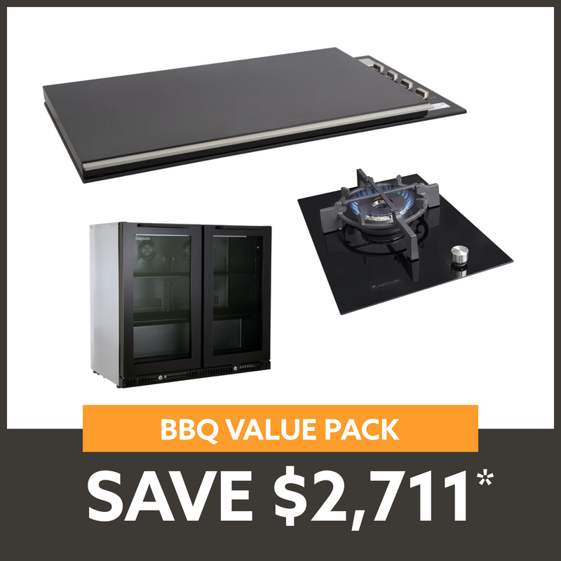 Bundle Artusi Matte Black Flat Lid & Drop In Wok Burner with Gasmate Premium 2 Door Bar Fridge (187L)
