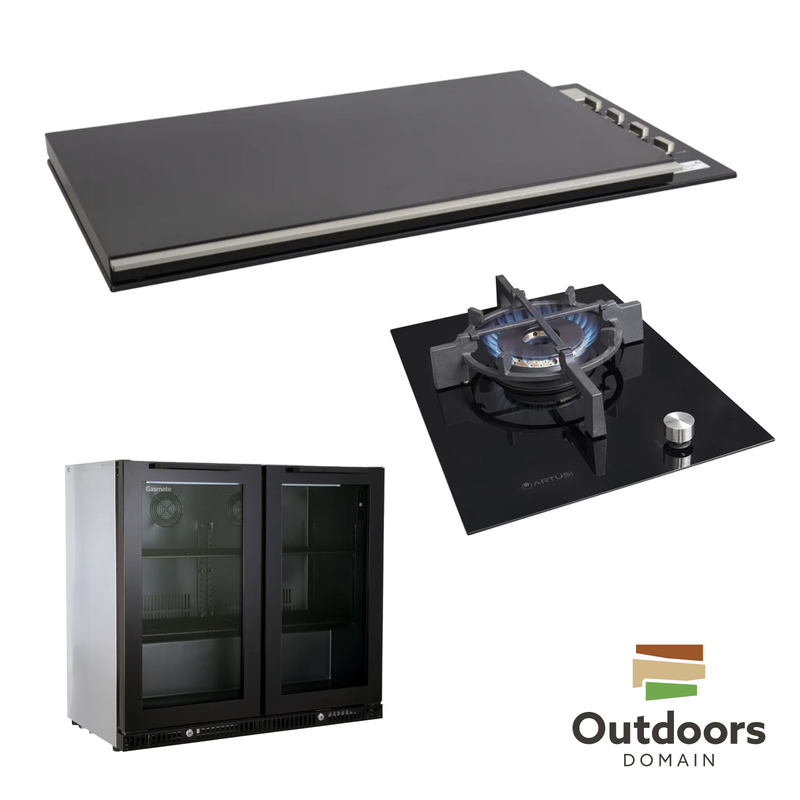 Bundle Artusi Matte Black Flat Lid & Drop In Wok Burner with Gasmate Premium 2 Door Bar Fridge (187L)