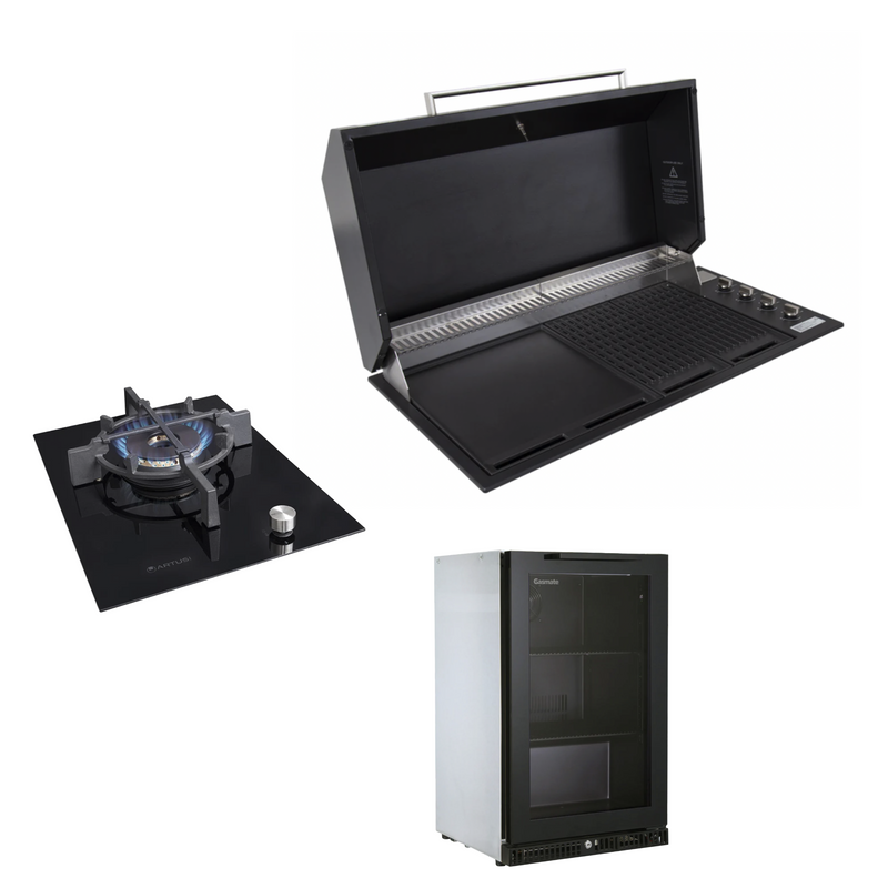 Bundle Artusi Matte Black Hood & Drop in Wok Burner with Gasmate Premium 1 Door Bar Fridge (97L)