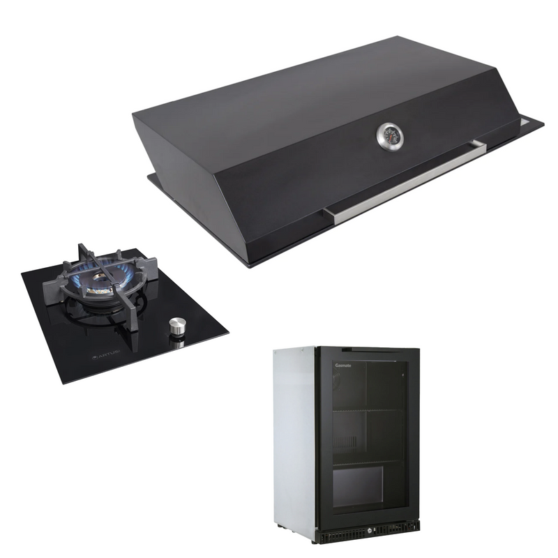 Bundle Artusi Matte Black Hood & Drop in Wok Burner with Gasmate Premium 1 Door Bar Fridge (97L)
