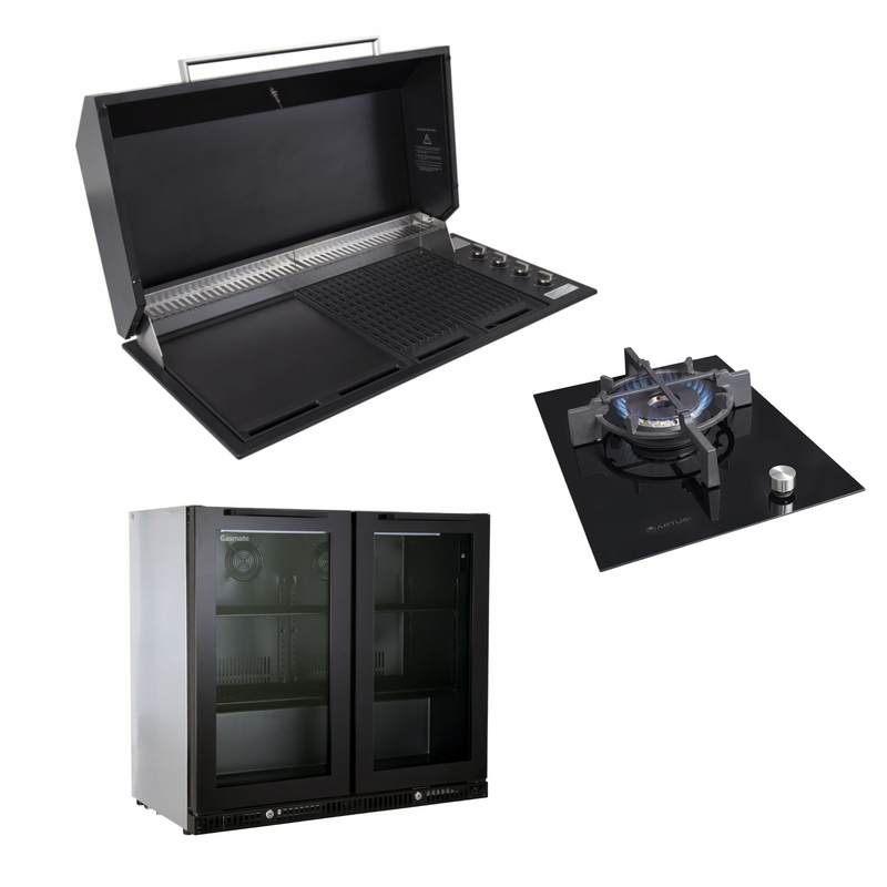 Bundle Artusi Matte Black Hood & Drop in Wok Burner with Gasmate Premium 2 Door Bar Fridge (187L)