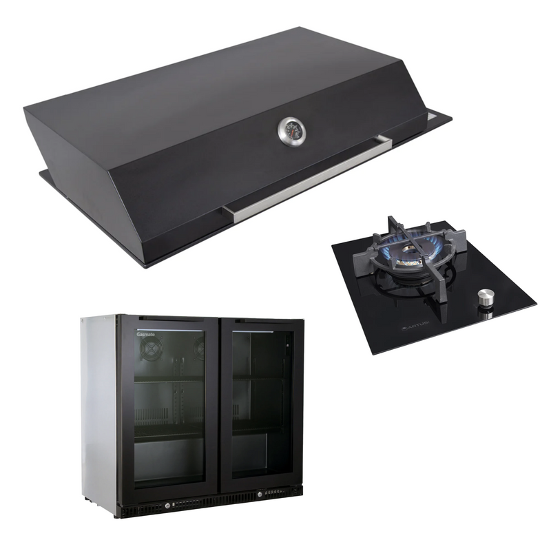 Bundle Artusi Matte Black Hood & Drop in Wok Burner with Gasmate Premium 2 Door Bar Fridge (187L)