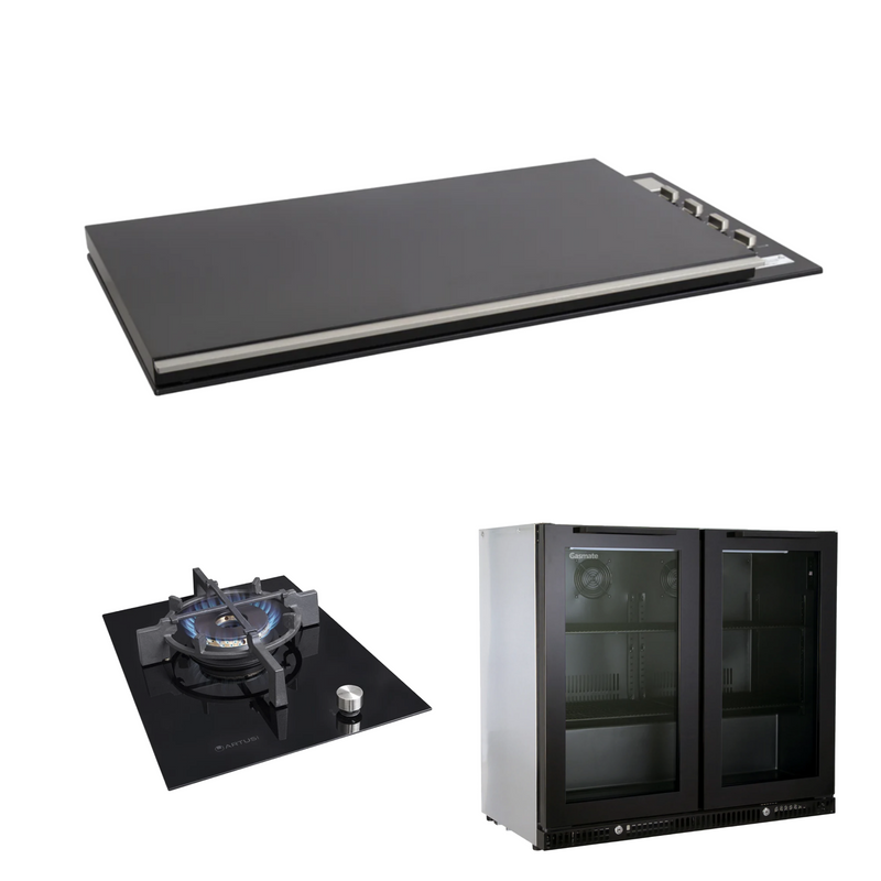 Bundle Artusi Matte Black Flat Lid & Drop In Wok Burner with Gasmate Premium 2 Door Bar Fridge (187L)