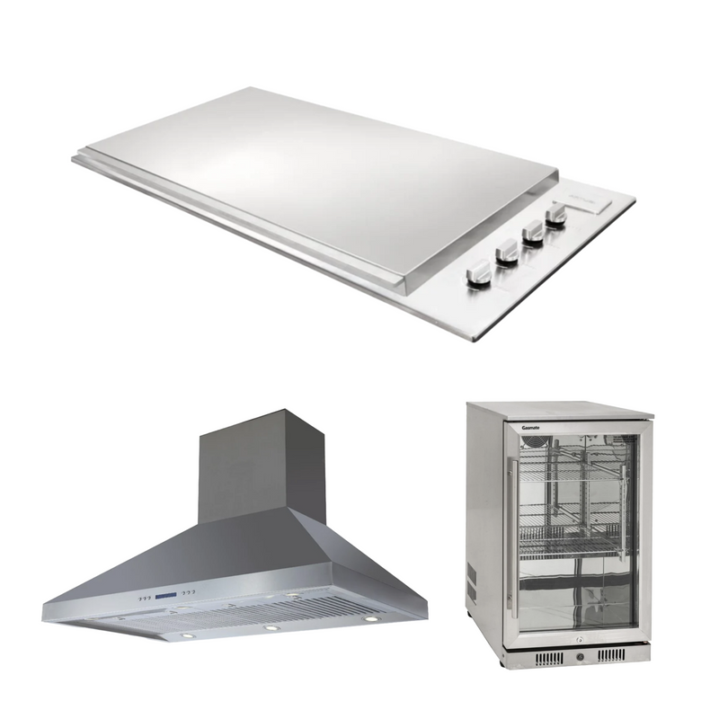 Bundle Artusi Stainless Steel Flat Lid & Gasmate Single Door Bar Fridge 118L with Gasmate 120cm Rangehood