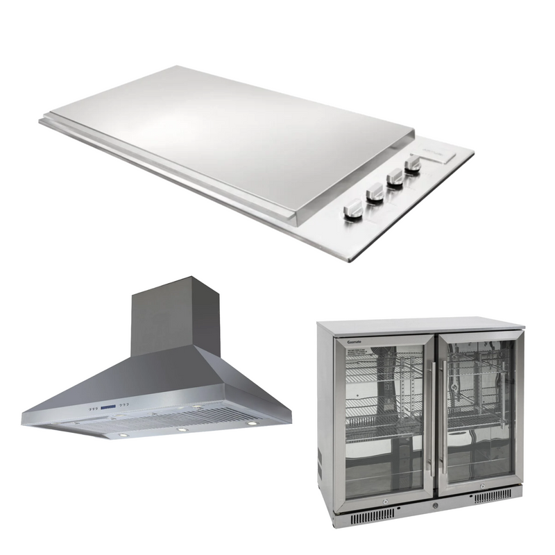 Bundle Artusi Stainless Steel Flat Lid BBQ & Gasmate Double Door Fridge 228L with Gasmate 120cm Rangehood