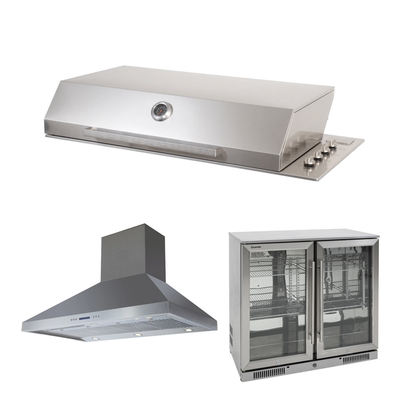 Bundle Artusi Stainless Steel Roasting Hood & Gasmate Double Door Bar Fridge 228L with Gasmate 120cm Rangehood