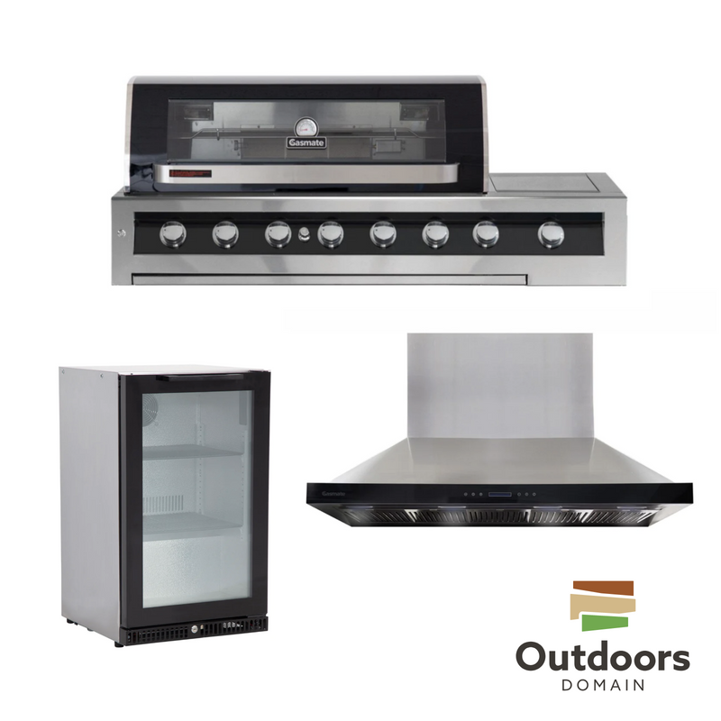Bundle Gasmate Galaxy Black 6 Burner Built-In BBQ with Side Burner & Deluxe BBQ 150 cm Rangehood & Premium 1 Door 97L Glass Door Bar Fridge