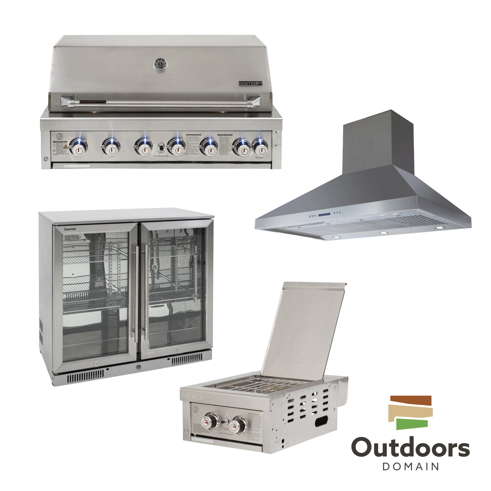 Bundle Gasmaster Hero 6 Burner BBQ & Dual Side Burner & 120cm Rangehood & Gasmate 2 Door 228L Bar Fridge