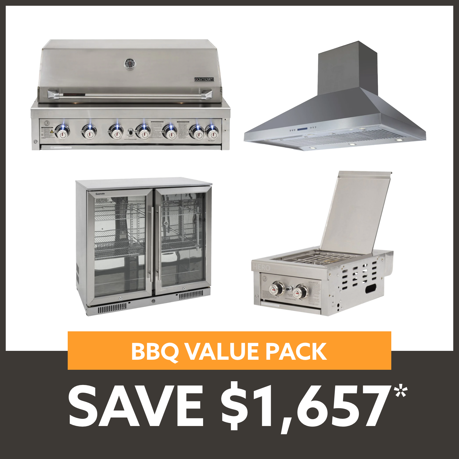 Bundle Gasmaster Hero 6 Burner BBQ & Dual Side Burner & 120cm Rangehood & Gasmate 2 Door 228L Bar Fridge