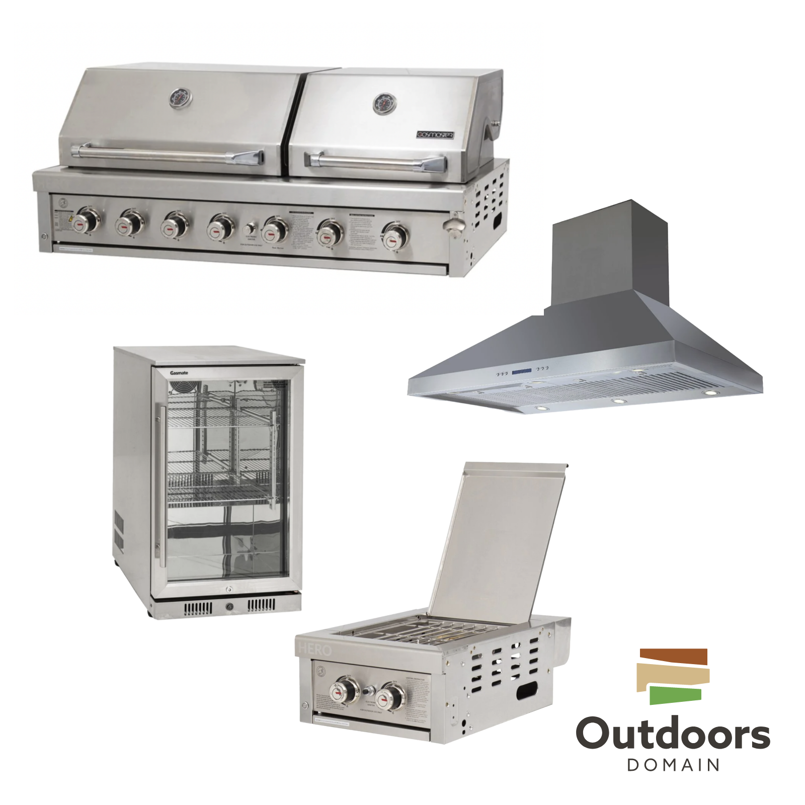 Bundle Gasmaster Hero Twin Hood 6 Burner BBQ & Dual Side Burner & 120cm Rangehood & Gasmate 1 Door 118L Bar Fridge