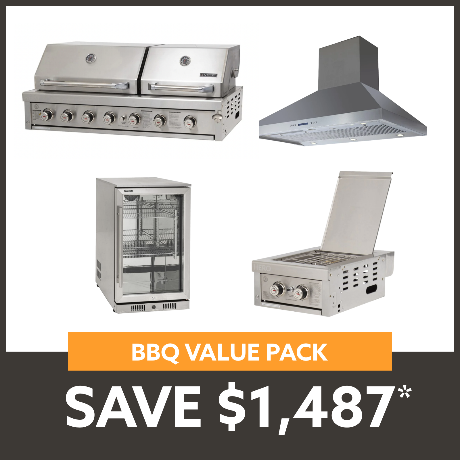 Bundle Gasmaster Hero Twin Hood 6 Burner BBQ & Dual Side Burner & 120cm Rangehood & Gasmate 1 Door 118L Bar Fridge